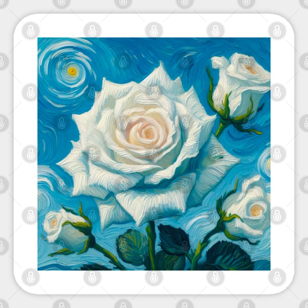 White Rose Painting Blue Background Van Gogh Style Painting Digital Art Sticker by Star Fragment Designs